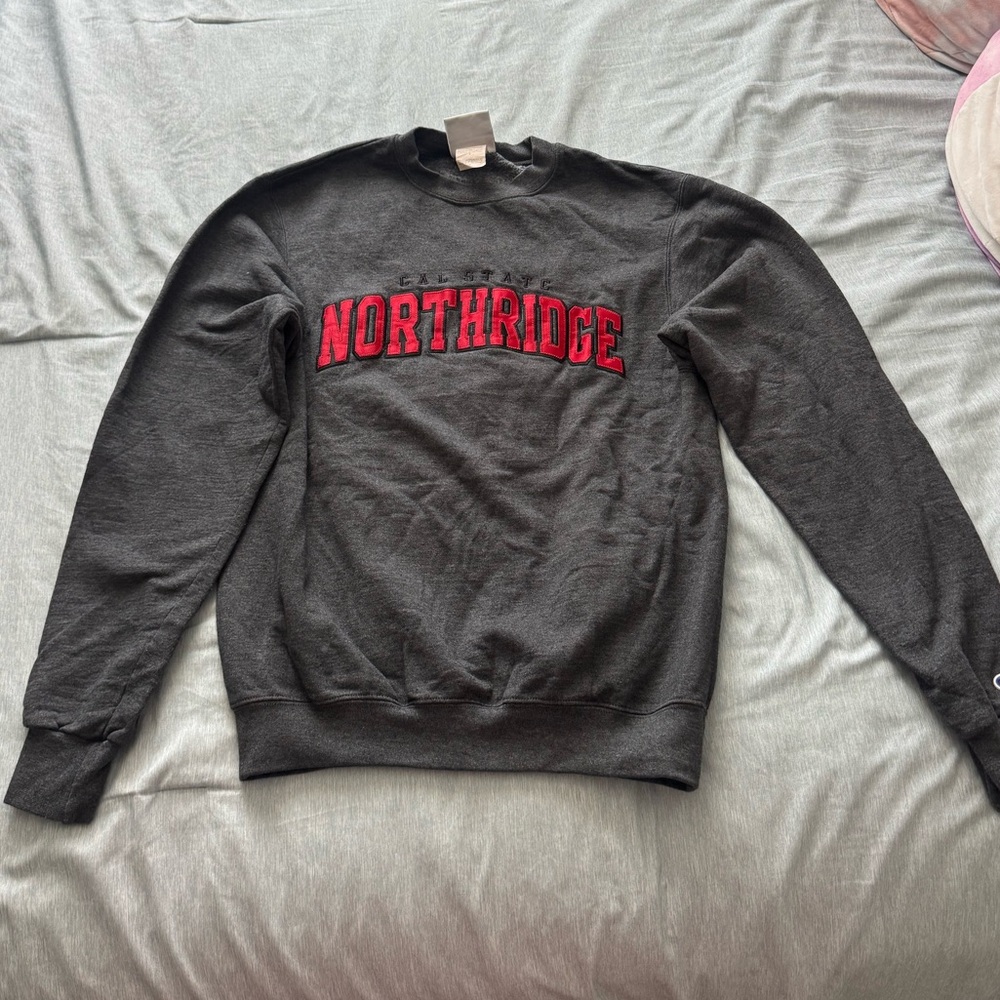 Champion Gray Crewneck Sweater with Red Lettering